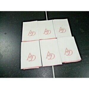 Custom Pink Embroidered Edge Initials AD A D White Pocket Square Napkin Lot of 6
